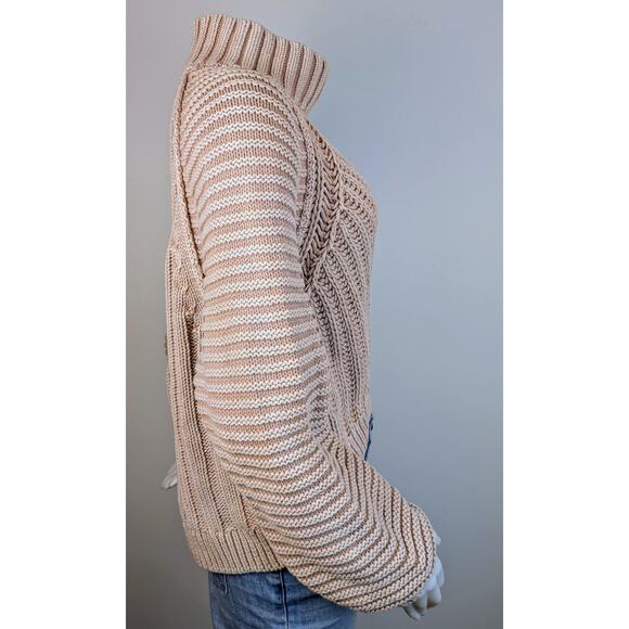 Free People Sweetheart Turtleneck Sweater Small Tan Sand Crop Chunky Oversized - Picture 7 of 12